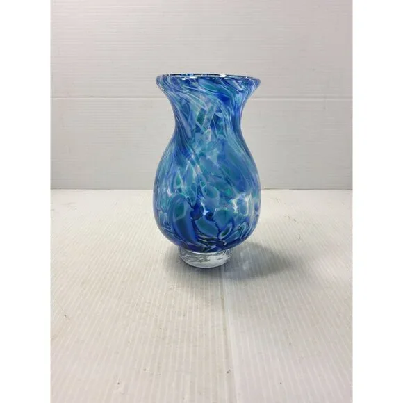 Vintage Hand Blown Blue,Teal Swirl Pattern Heavy Pedestal Bottom Vase - Picture 10 of 12